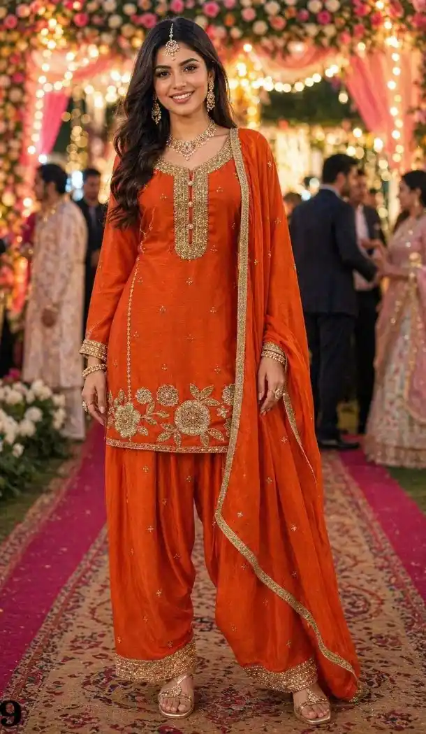 Orange Chinon Silk Beads Work Palazzo Suit - 220170