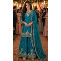 Blue Chinon Silk Embroidery Work Palazzo Suit - 220171