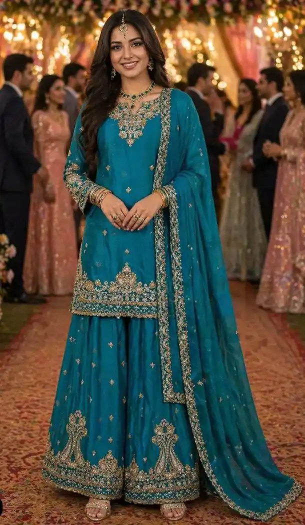 Blue Chinon Silk Embroidery Work Palazzo Suit - 220171
