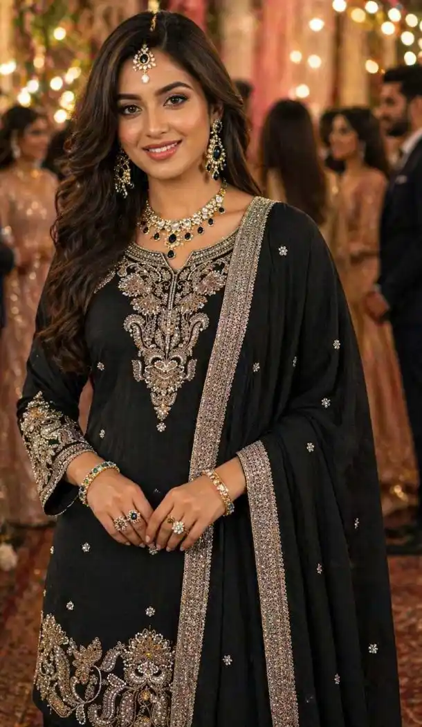 Black Chinon Silk Beads Work Palazzo Suit - 220172