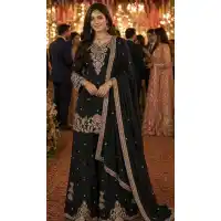 Black Chinon Silk Beads Work Palazzo Suit - 220172