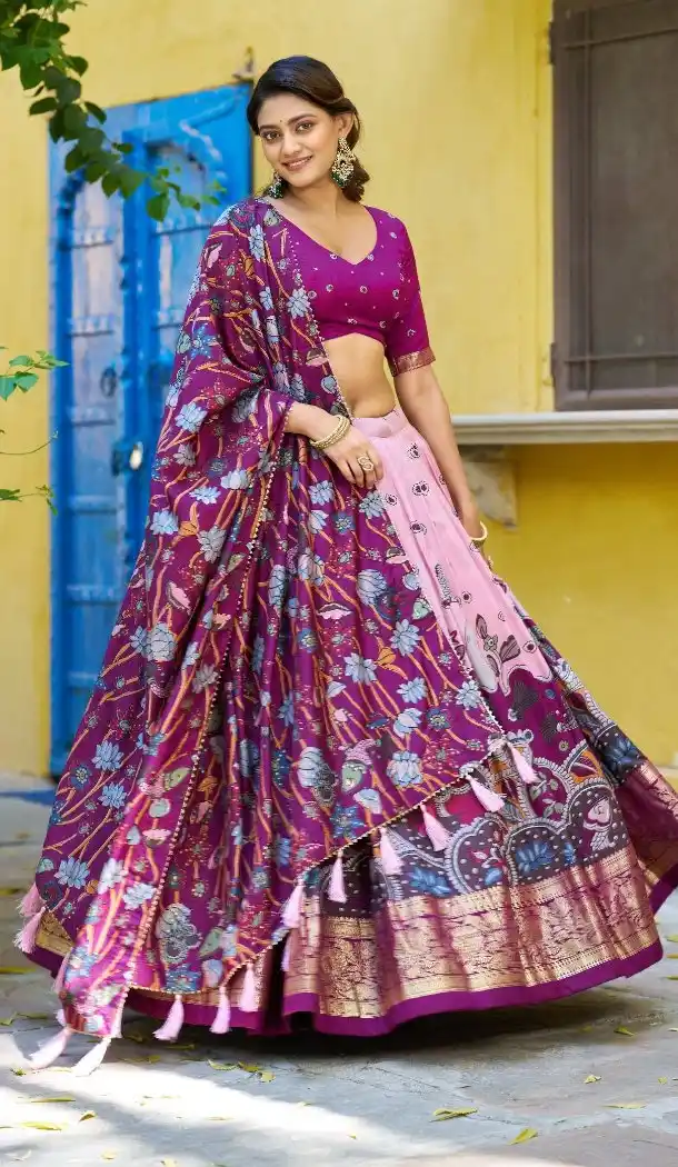 Light Pink Tasar Silk Kalamkari Chaniya Choli - 220212