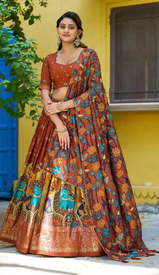 Rust Tasar Silk Foil Border Navratri Chaniya Choli - 220213