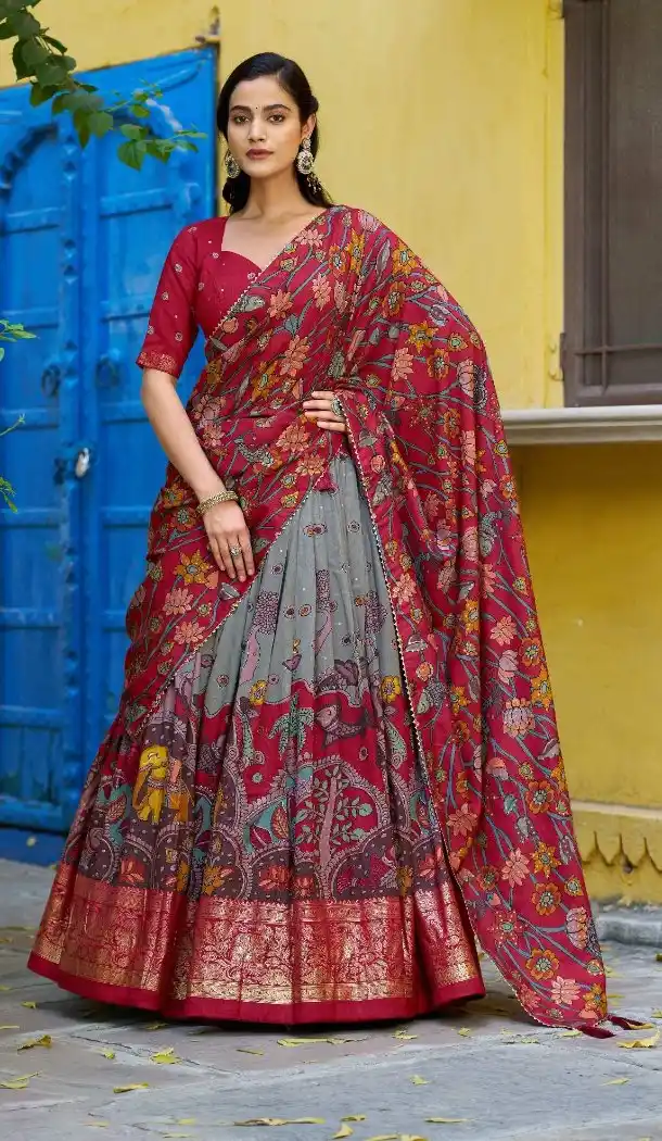 Grey Tasar Silk Kalamkari Work Chaniya Choli - 220214