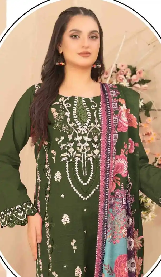 Elegant Green Cotton Embroidery Work Pakistani Suit - 14959220299