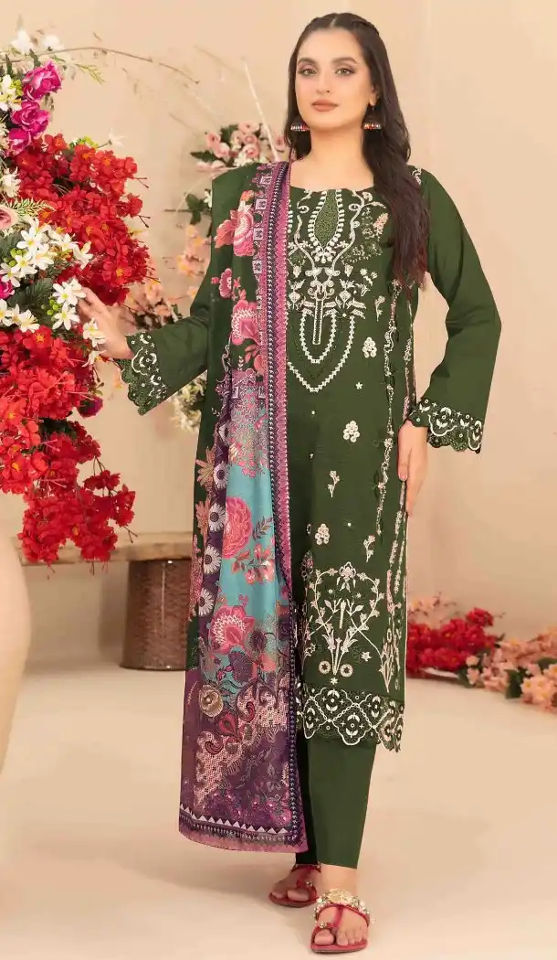 Elegant Green Cotton Embroidery Work Pakistani Suit - 14959220299