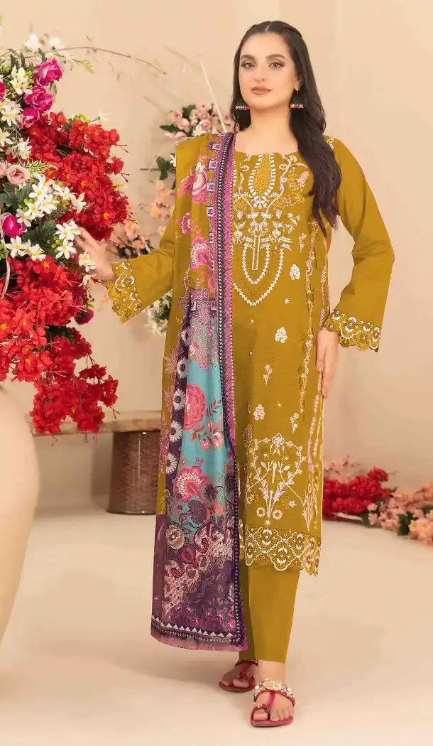 Yellow Cotton Designer Pakistani Suit with Embroidery Work - 14959220301