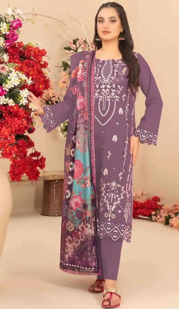 Mauve Cotton Ethnic Pakistani Suit with Embroidery - 14959220302