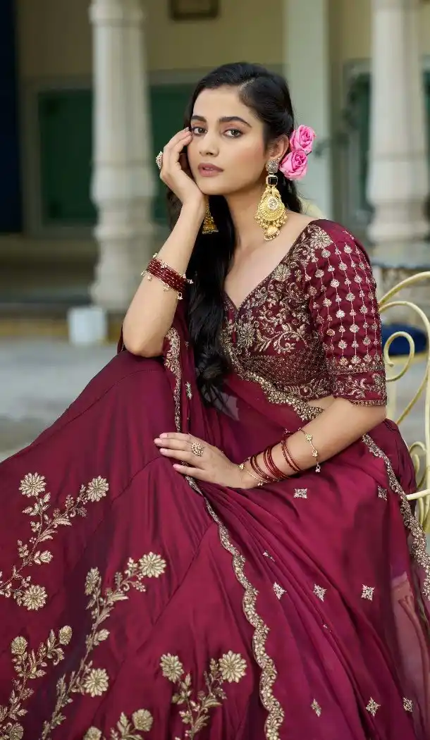 Dark Maroon Rangoli Silk Embroidered Lehenga Choli - 220340