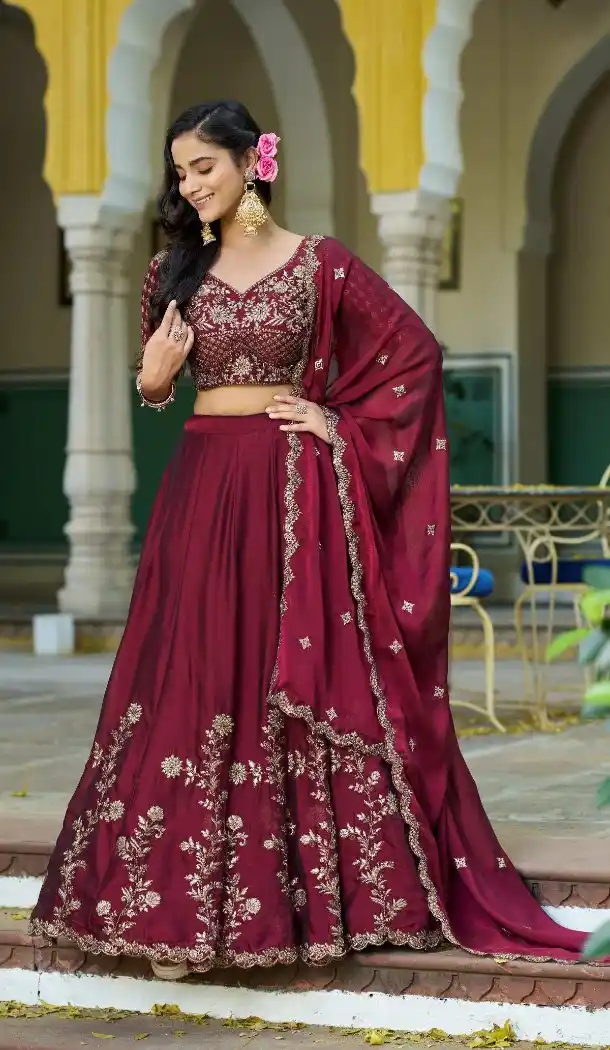 Dark Maroon Rangoli Silk Embroidered Lehenga Choli - 220340
