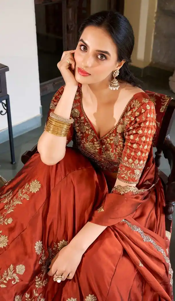 Rust Orange Rangoli Silk Party Wear Lehenga - 220342