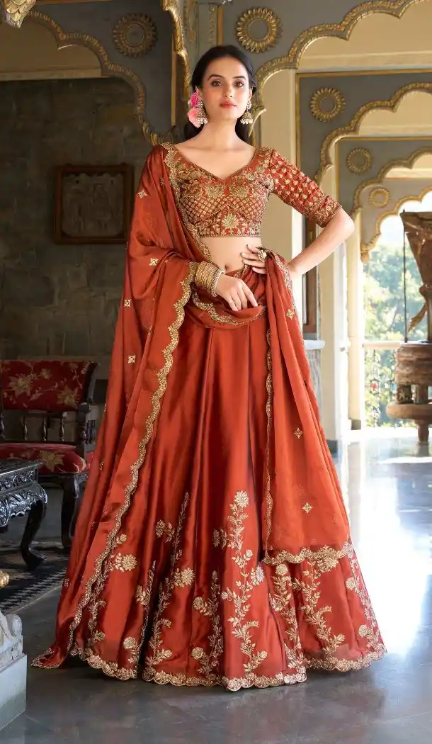Rust Orange Rangoli Silk Party Wear Lehenga - 220342