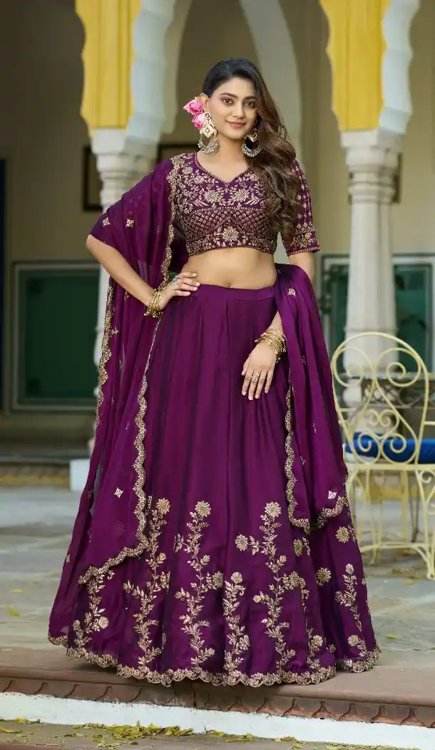 Wine Rangoli Silk Thread Work Lehenga Choli - 220343