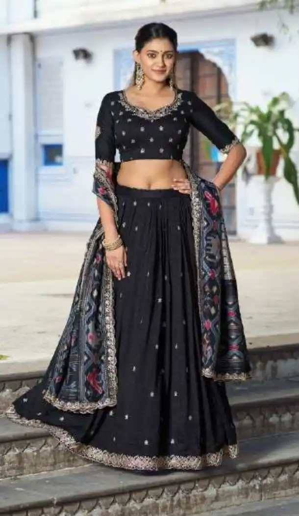 Elegant Black Vichitra Silk Lehenga Choli with Embroidery - 220362