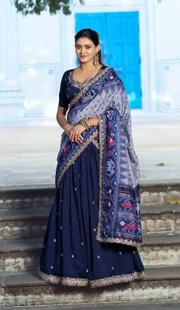 Navy Blue Vichitra Silk Party Wear Embroidered Lehenga - 220365