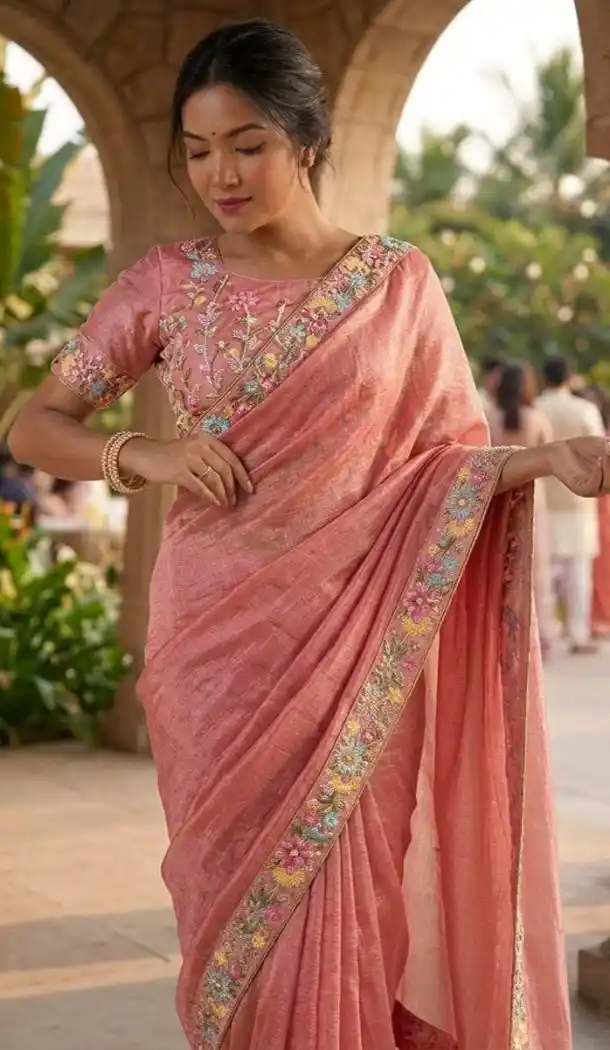 Pink Fendy Chiffon Beads Work Saree - 220425