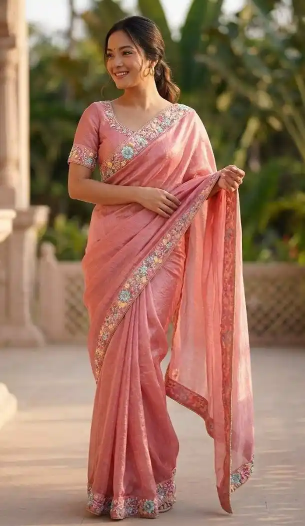 Pink Fendy Chiffon Beads Work Saree - 220425