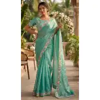 Sky Blue Fendy Chiffon Beads Embroidery Saree - 220427