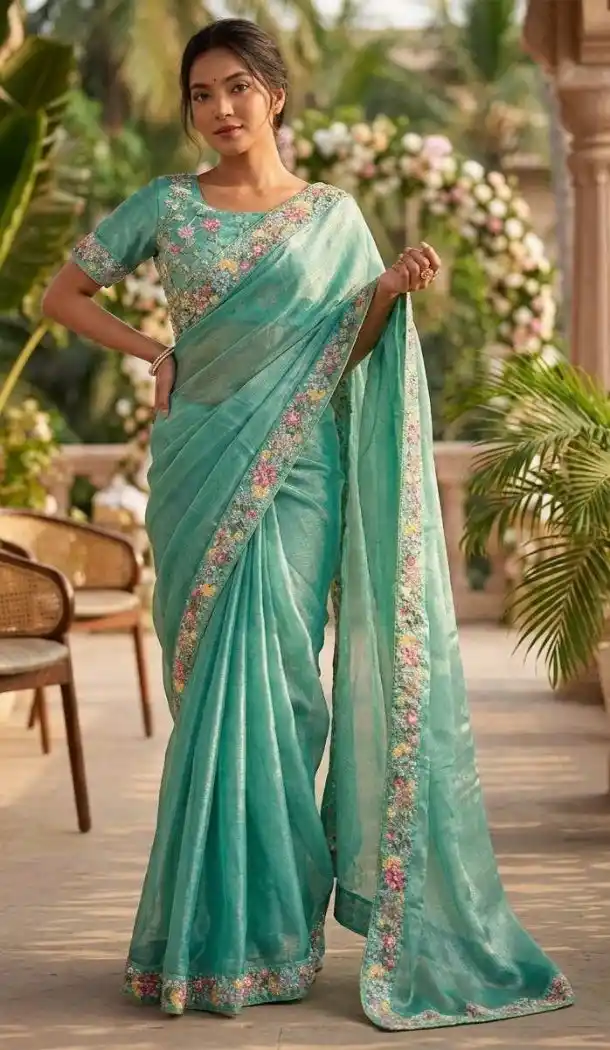 Sky Blue Fendy Chiffon Beads Embroidery Saree - 220427