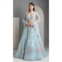 Sky Blue Organza Silk Embroidered Lehenga Choli - 220431