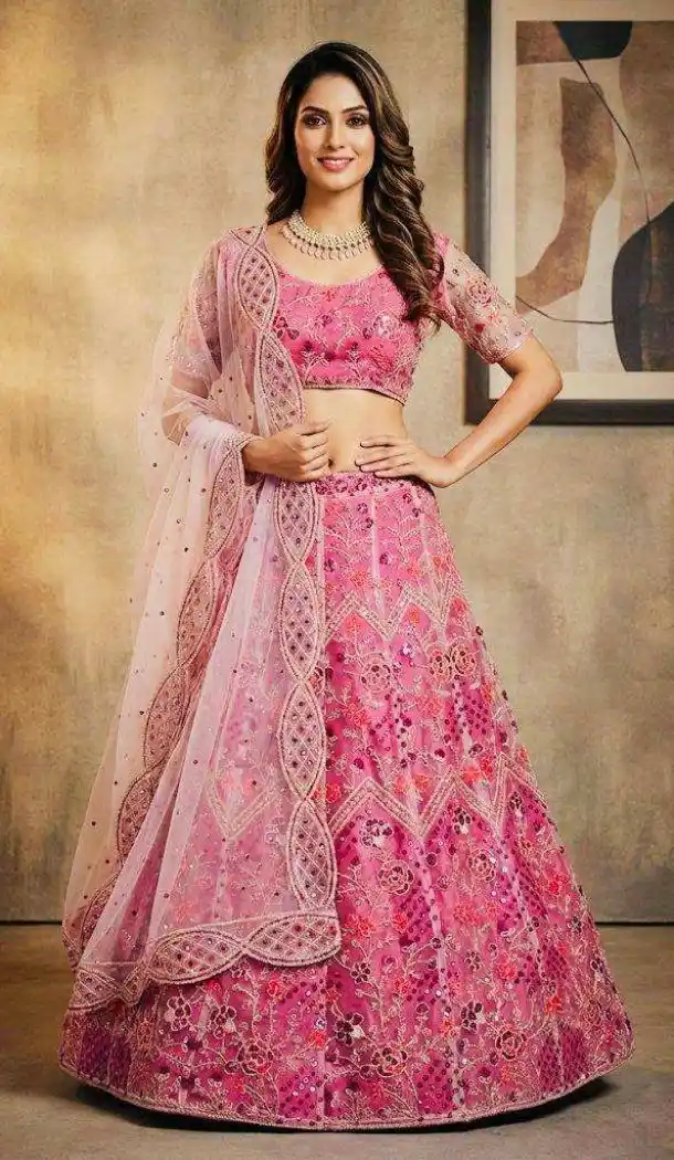 Pink Butterfly Net Coding Work Lehenga Choli - 220433