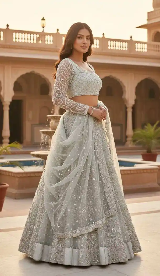 Off White Butterfly Net Embroidered Lehenga Choli - 220434