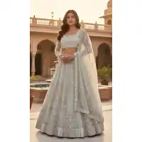 Off White Butterfly Net Embroidered Lehenga Choli - 220434