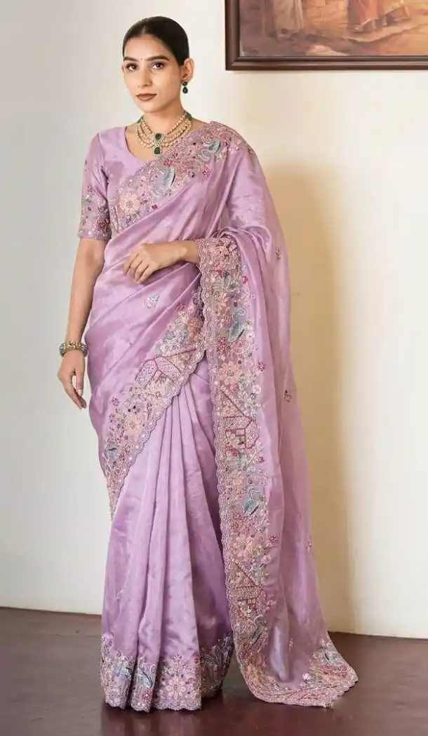 Elegant Lavender Slub Silk Cutwork Saree - 220514