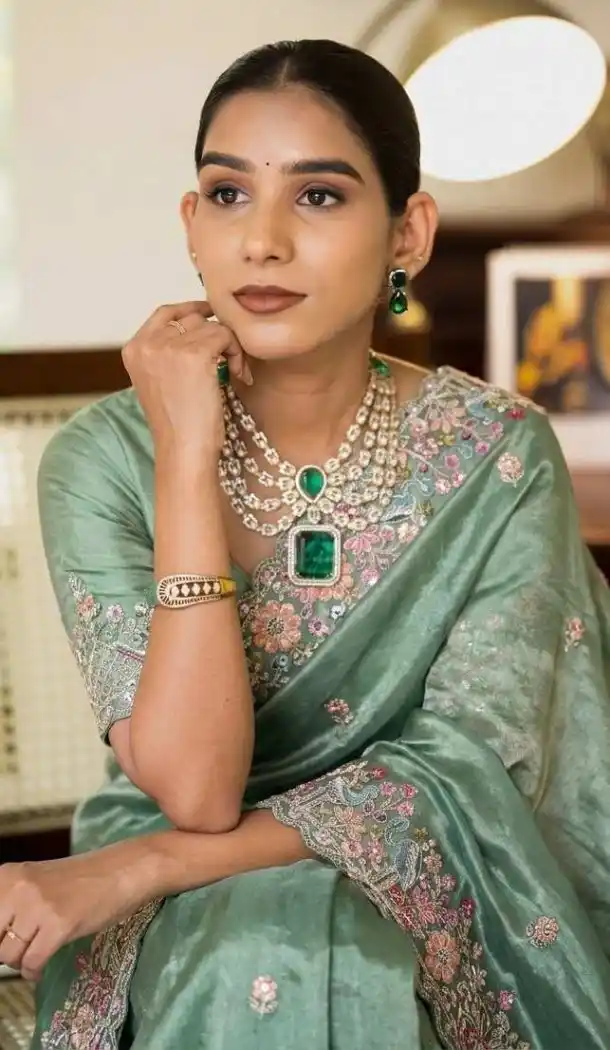 Sea Green Slub Silk Embroidered Saree - 220516
