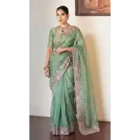 Sea Green Slub Silk Embroidered Saree - 220516