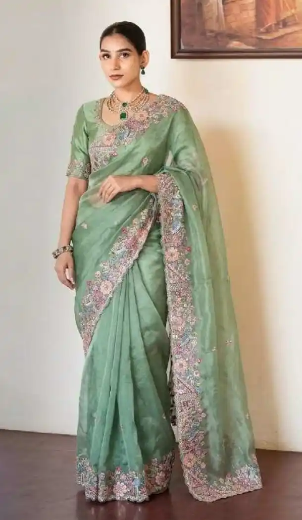 Sea Green Slub Silk Embroidered Saree - 220516