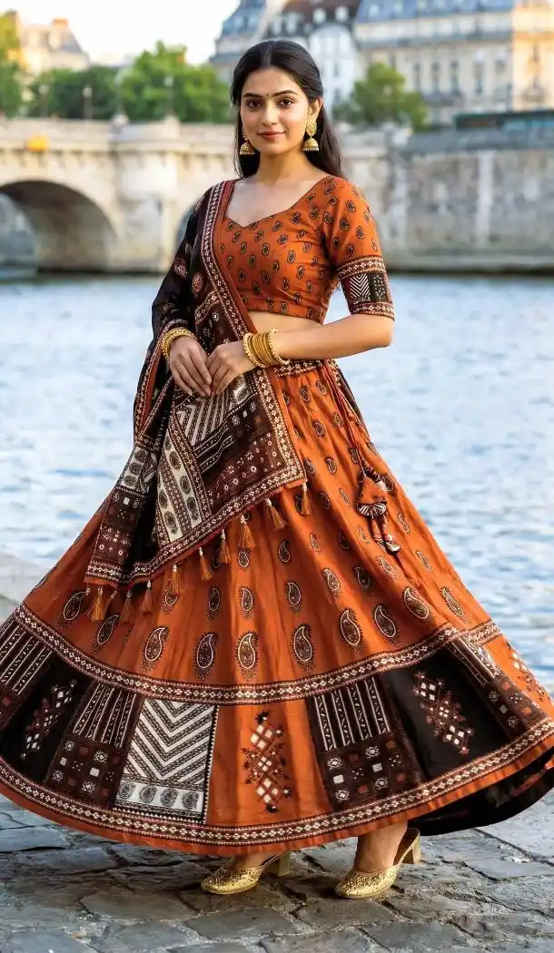 Rust Cotton Rayon Printed Navratri Chaniya Choli - 167665779