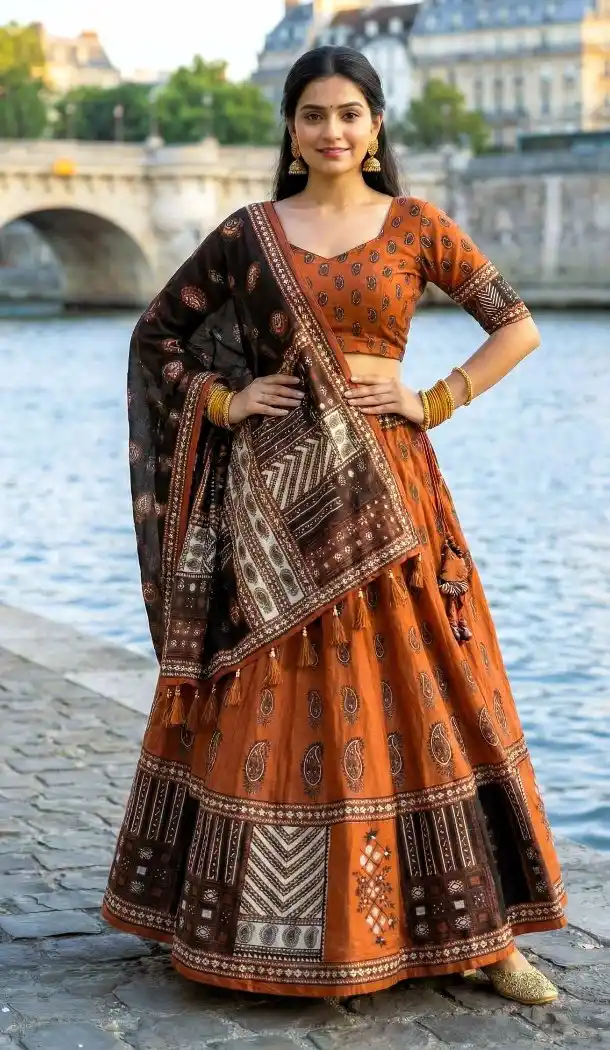 Rust Cotton Rayon Printed Navratri Chaniya Choli - 167665779