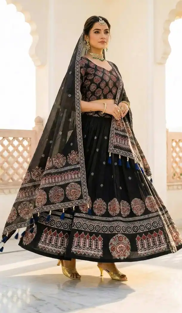Classic Black Cotton Rayon Designer Chaniya Choli - 167665780