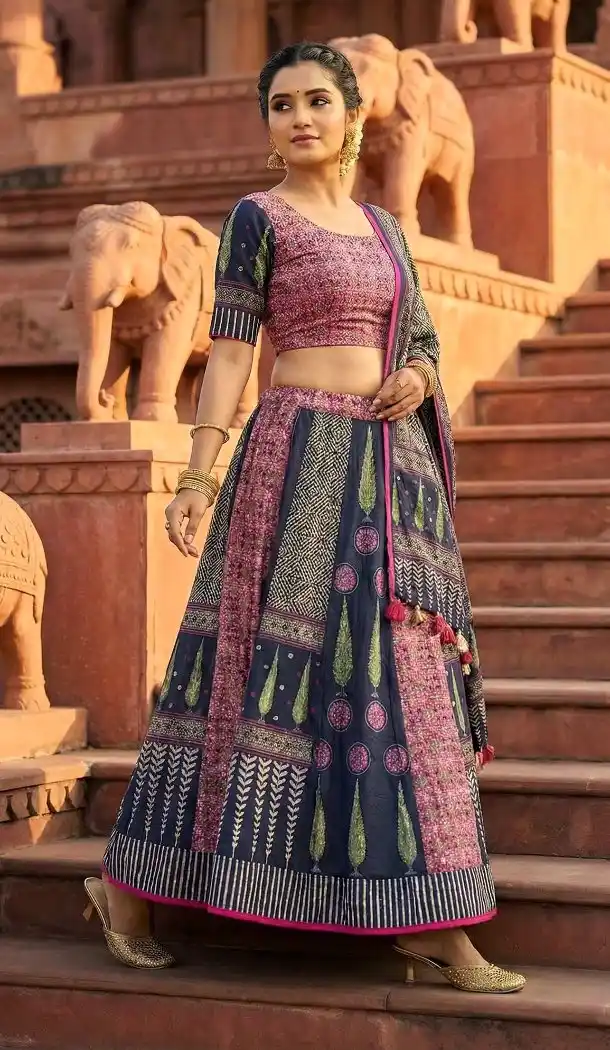 Blue Cotton Rayon Printed Navratri Chaniya Choli - 167665783