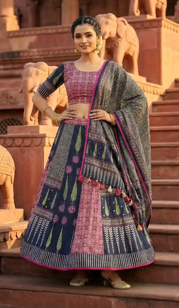 Blue Cotton Rayon Printed Navratri Chaniya Choli - 167665783