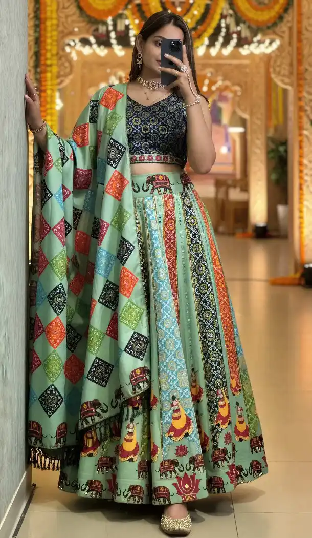 Pista Green Cotton Rayon Designer Navratri Chaniya Choli - 167665785