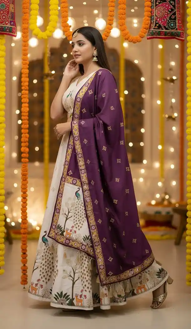 Off White Cotton Rayon Designer Festive Chaniya Choli - 167665788