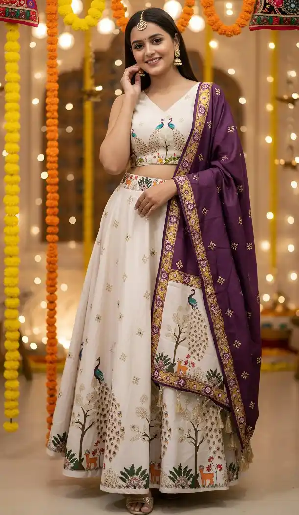 Off White Cotton Rayon Designer Festive Chaniya Choli - 167665788