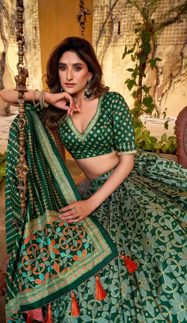 Green Tassar Silk Designer Printed Navratri Chaniya Choli - 170507681