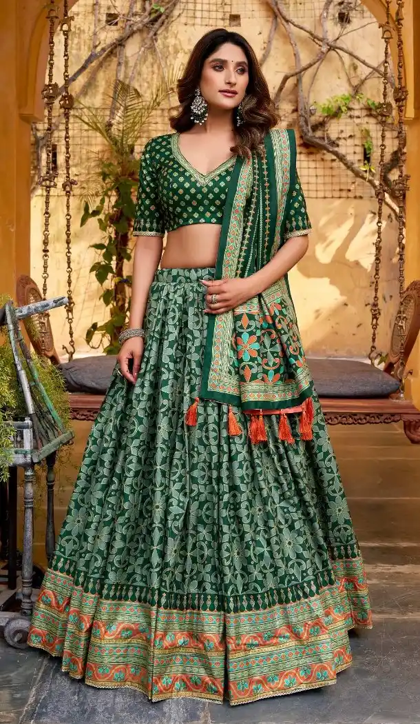 Green Tassar Silk Designer Printed Navratri Chaniya Choli - 170507681