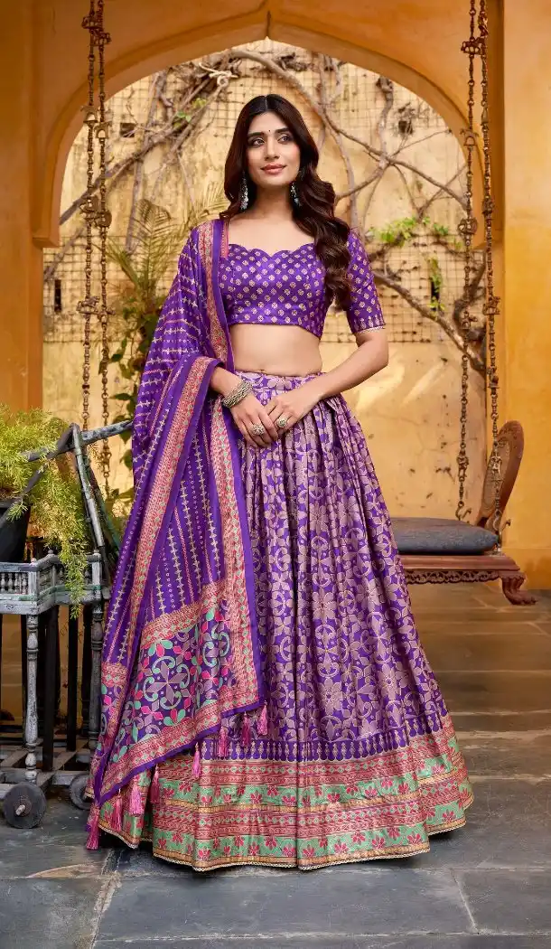 Purple Sparkle Printed Tassar Silk Navratri Chaniya Choli - 170507682