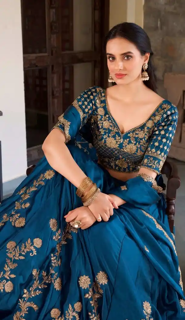 Teal Blue Rangoli Silk Navratri Chaniya Choli with Embroidery - 170637740