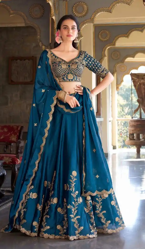 Teal Blue Rangoli Silk Navratri Chaniya Choli with Embroidery - 170637740