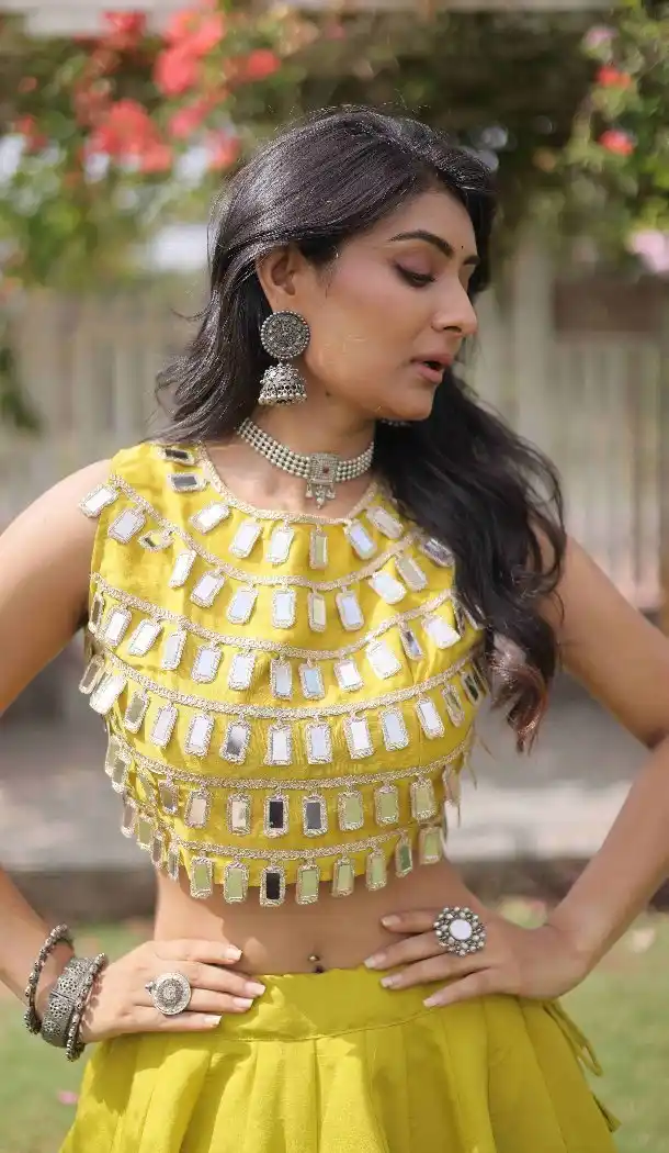 Lemon Roman Silk Mirror Lace Navratri Chaniya Choli - 172468856