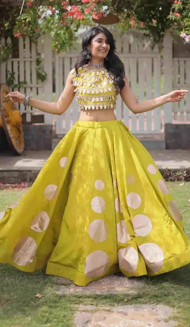 Lemon Roman Silk Mirror Lace Navratri Chaniya Choli - 172468856