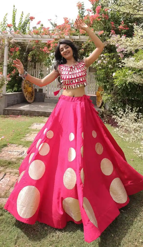 Gota Work Roman Silk Navratri Chaniya Choli with Mirror Lace - 172468858