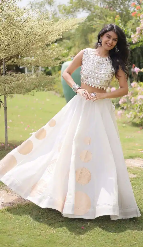 White Roman Silk Navratri Chaniya Choli with Gota Work - 172468859