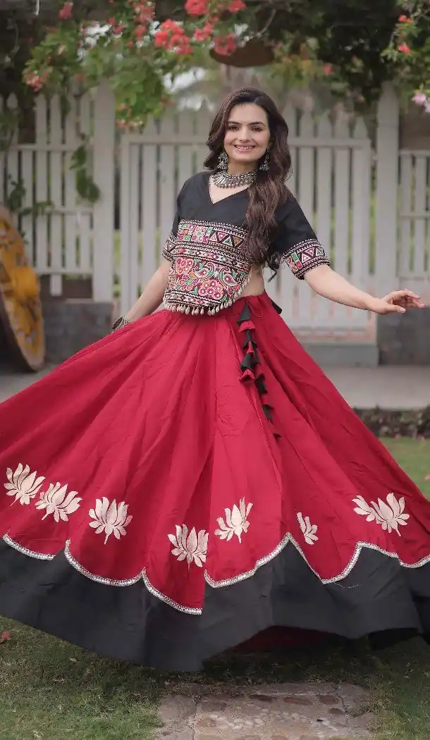 Maroon Roman Silk Kutchi Gamti Embroidery Navratri Chaniya Choli - 172658967