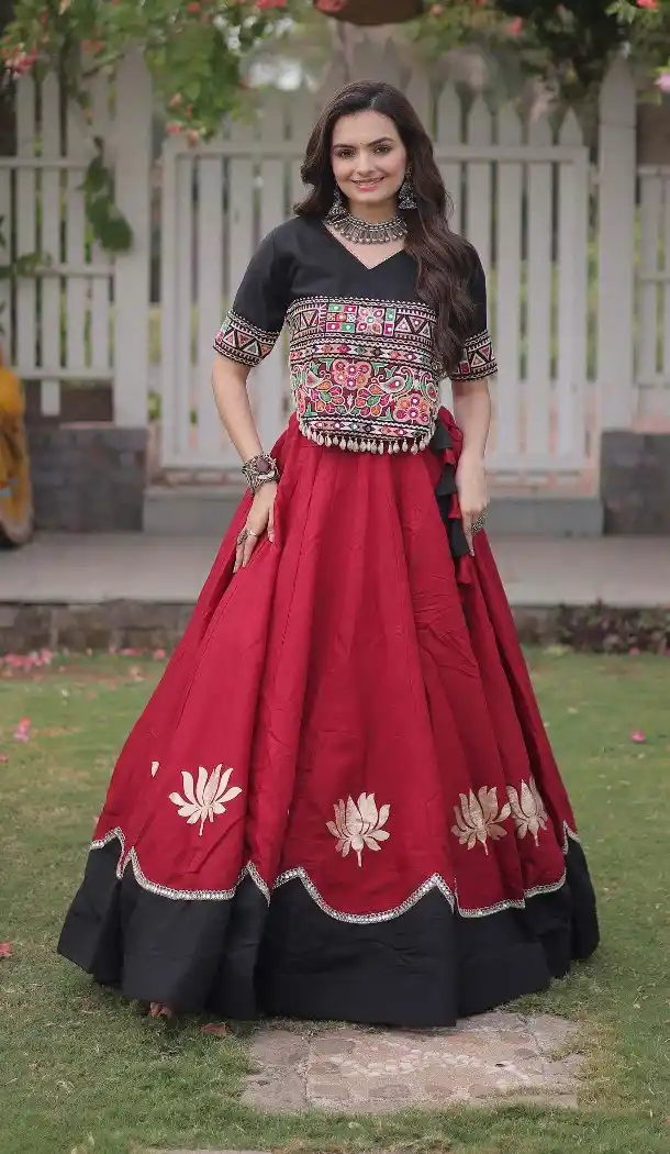 Maroon Roman Silk Kutchi Gamti Embroidery Navratri Chaniya Choli - 172658967